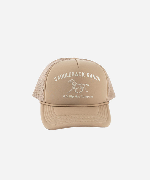 Gigi Pip trucker hats for women - Saddleback Foam Trucker Hat - 100% polyester foam + mesh trucker hat with a curved brim featuring the words "Saddleback Ranch" in a contrasting color as a design across the front panel [tan]