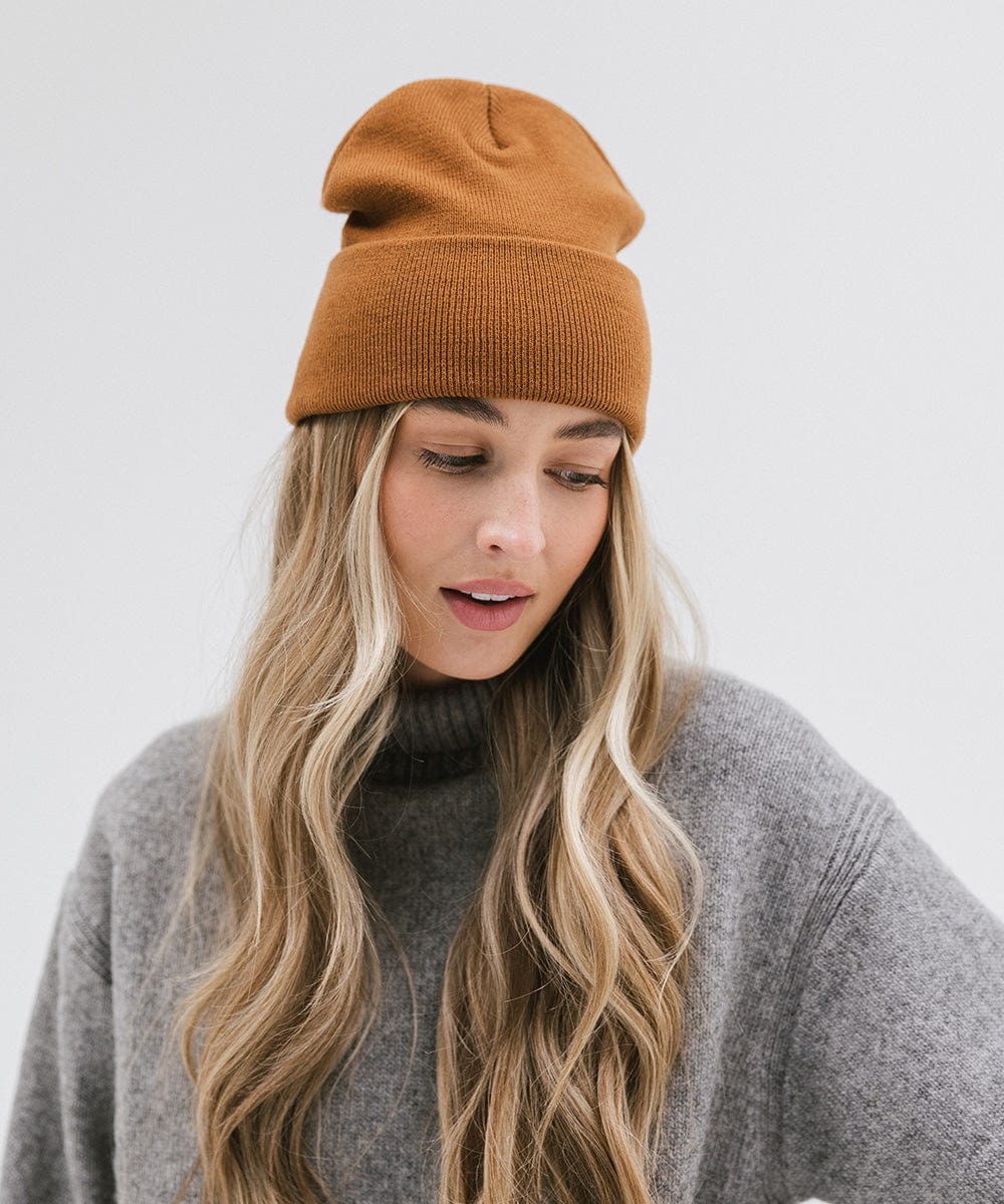 Gigi Pip beanies for women - Shay Beanie - 100% acrylic classic beanie featuring a stylized Gigi Pip loop tag on the fold that says “For the Woman Who Wears Many Hats” [cocoa]