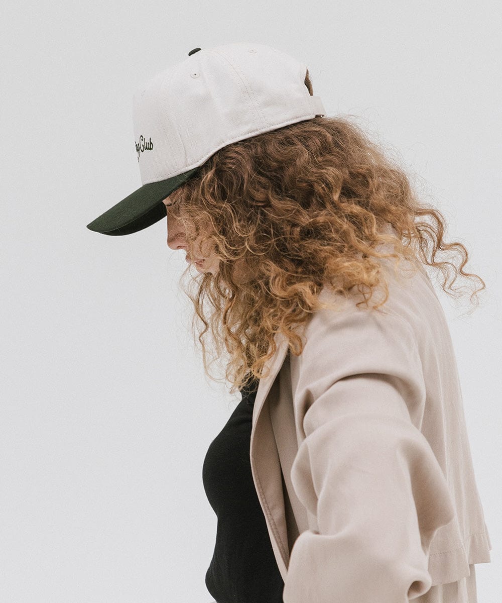 Gigi Pip trucker hats for women - Slow Morning Club Canvas Trucker Hat - 100% cotton canvas w/ cotton sweatband + reinforced from inner panel with 100% plolyester mesh trucker with Slow Morning Club embroidered on the front panel featuring an adjustable back strap [cream-dark green]