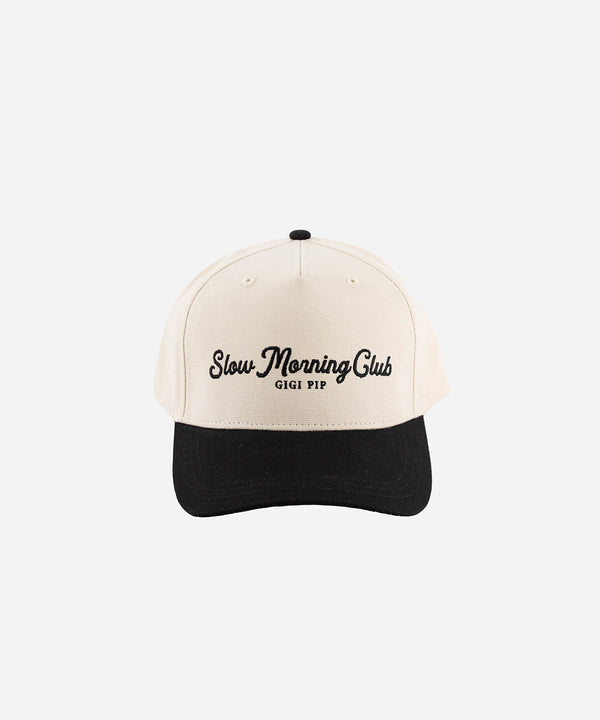 Gigi Pip trucker hats for women - Slow Morning Club Canvas Trucker Hat - 100% cotton canvas w/ cotton sweatband + reinforced from inner panel with 100% plolyester mesh trucker with Slow Morning Club embroidered on the front panel featuring an adjustable back strap [cream-black]