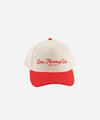 Gigi Pip trucker hats for women - Slow Morning Club Canvas Trucker Hat - 100% cotton canvas w/ cotton sweatband + reinforced from inner panel with 100% plolyester mesh trucker with Slow Morning Club embroidered on the front panel featuring an adjustable back strap [cream-red]