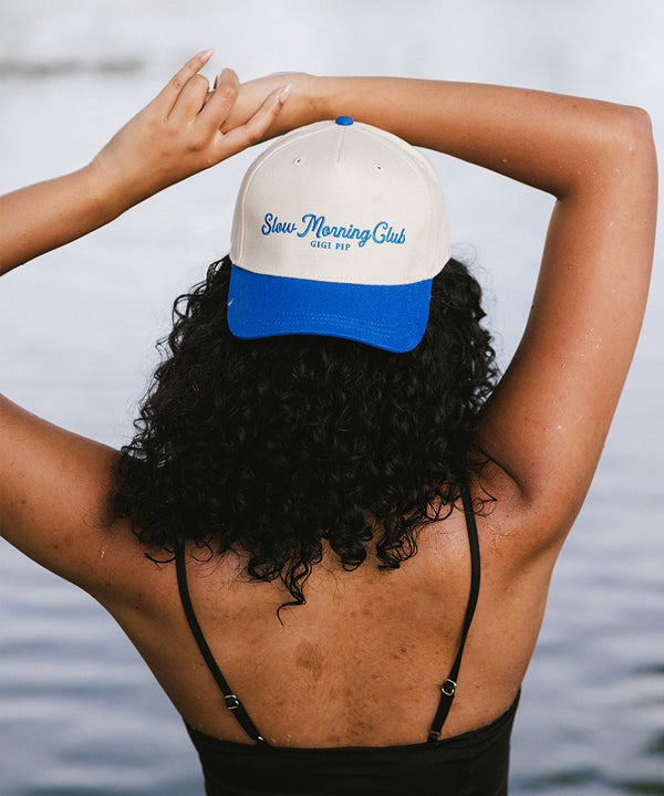 Gigi Pip trucker hats for women - Slow Morning Club Canvas Trucker Hat - 100% cotton canvas w/ cotton sweatband + reinforced from inner panel with 100% plolyester mesh trucker with Slow Morning Club embroidered on the front panel featuring an adjustable back strap [cream-blue]