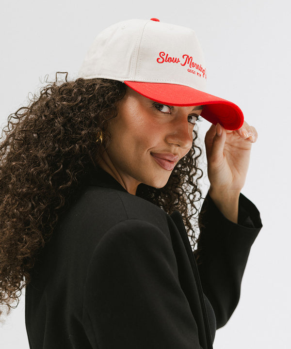 Gigi Pip trucker hats for women - Slow Morning Club Canvas Trucker Hat - 100% cotton canvas w/ cotton sweatband + reinforced from inner panel with 100% plolyester mesh trucker with Slow Morning Club embroidered on the front panel featuring an adjustable back strap [cream-red]