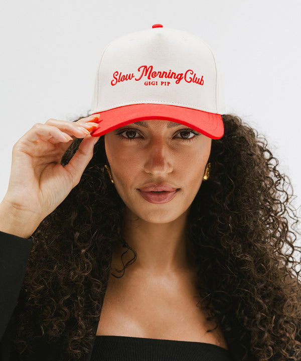 Gigi Pip trucker hats for women - Slow Morning Club Canvas Trucker Hat - 100% cotton canvas w/ cotton sweatband + reinforced from inner panel with 100% plolyester mesh trucker with Slow Morning Club embroidered on the front panel featuring an adjustable back strap [cream-red]