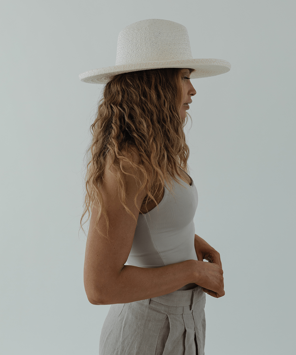 Gigi Pip straw hats for women - Cara Loren Pencil Brim Straw Hat in white, lightweight straw with pencil rolled up edge [white]