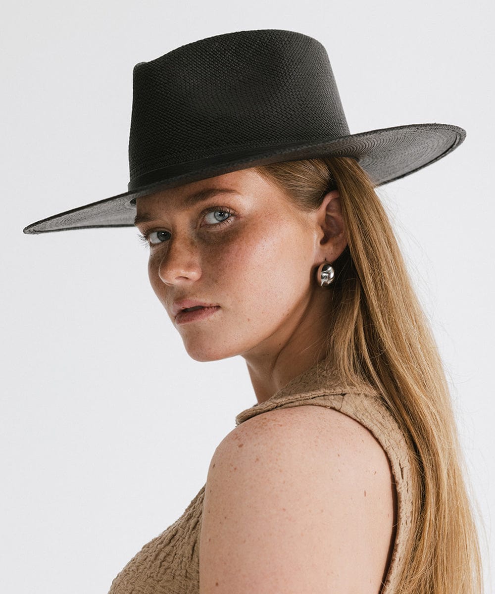 Gigi Pip panama straw for women - Carmen Teardrop Fedora - a flat brim teardrop fedora featuring a crosshatch woven pattern molded into the crown and brim [black]