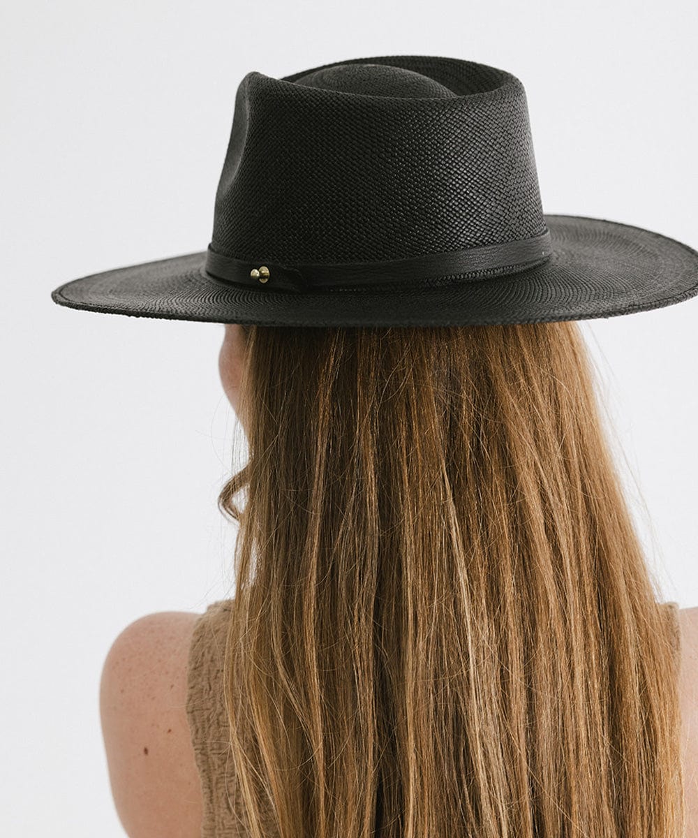 Gigi Pip panama straw for women - Carmen Teardrop Fedora - a flat brim teardrop fedora featuring a crosshatch woven pattern molded into the crown and brim [black]