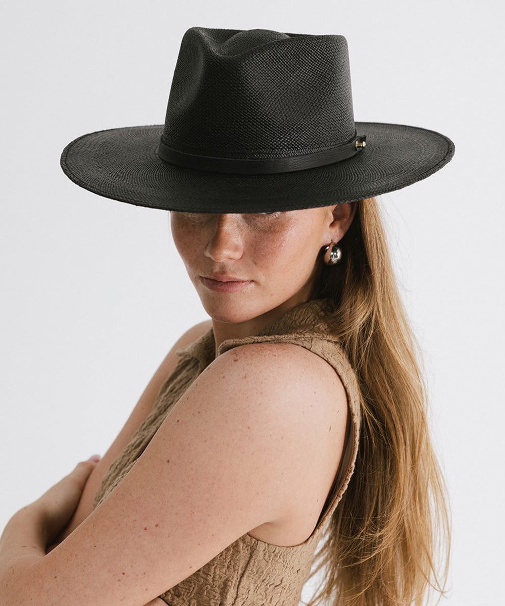 Gigi Pip panama straw for women - Carmen Teardrop Fedora - a flat brim teardrop fedora featuring a crosshatch woven pattern molded into the crown and brim [black]