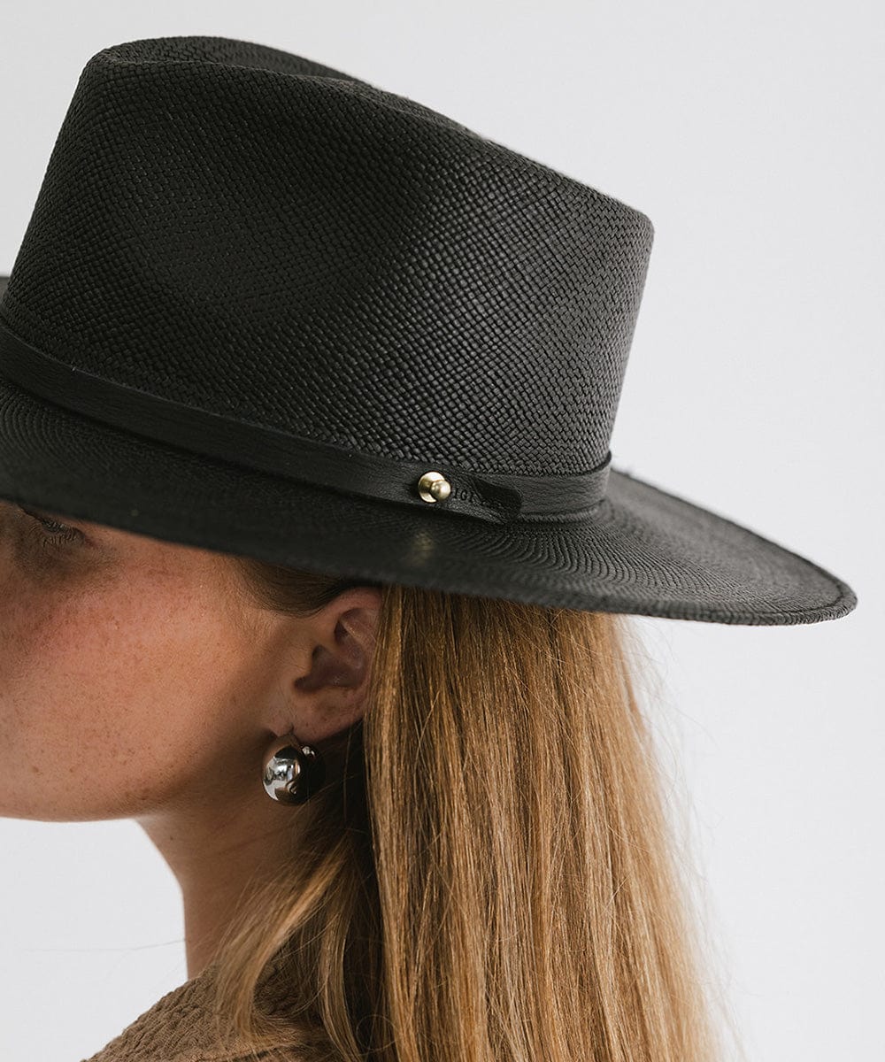 Gigi Pip panama straw for women - Carmen Teardrop Fedora - a flat brim teardrop fedora featuring a crosshatch woven pattern molded into the crown and brim [black]