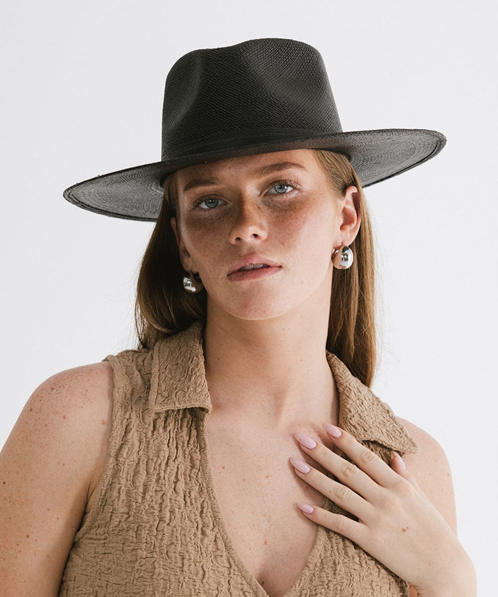 Gigi Pip panama straw for women - Carmen Teardrop Fedora - a flat brim teardrop fedora featuring a crosshatch woven pattern molded into the crown and brim [black]