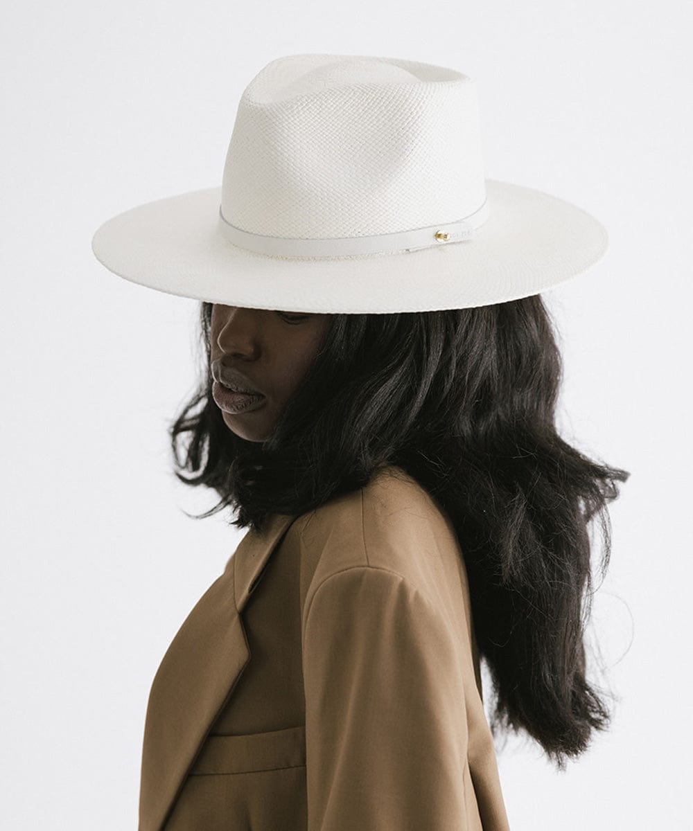 Gigi Pip panama straw for women - Carmen Teardrop Fedora - a flat brim teardrop fedora featuring a crosshatch woven pattern molded into the crown and brim [white]