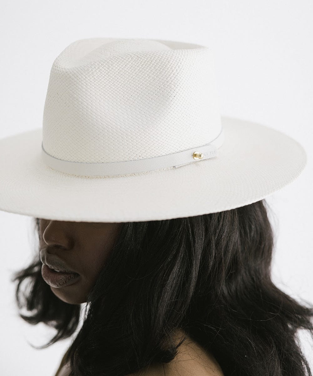 Gigi Pip panama straw for women - Carmen Teardrop Fedora - a flat brim teardrop fedora featuring a crosshatch woven pattern molded into the crown and brim [white]