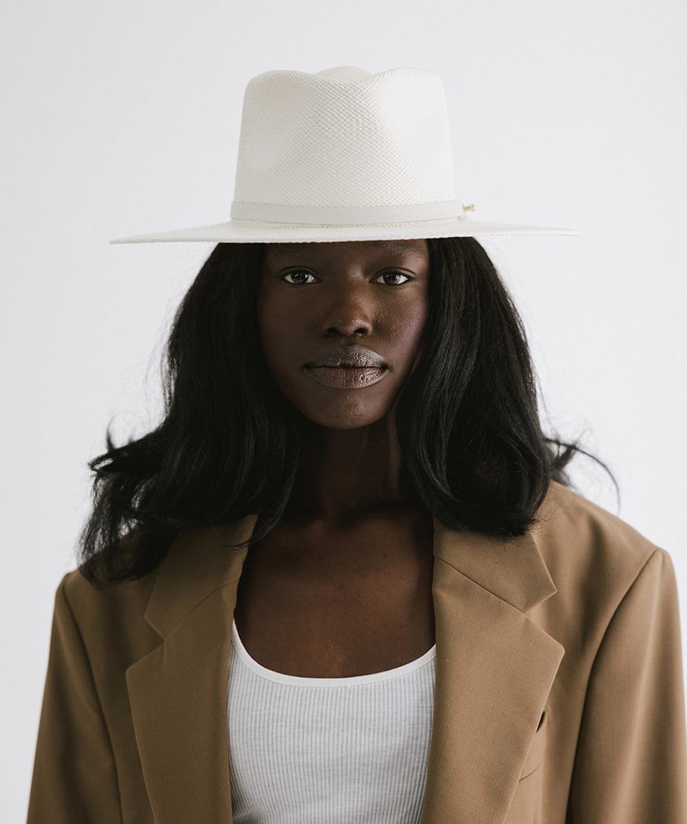 Gigi Pip panama straw for women - Carmen Teardrop Fedora - a flat brim teardrop fedora featuring a crosshatch woven pattern molded into the crown and brim [white]