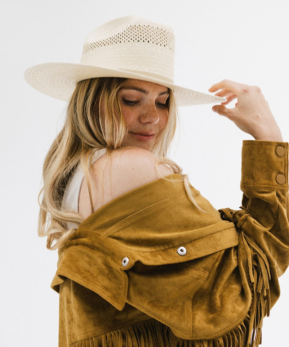 Gigi Pip western straw cowgirl hats for women - a paper straw western cattleman crown cowgirl hat with a casual semi floppy flat brim for the summer featuring a GP pin on the back [natural]