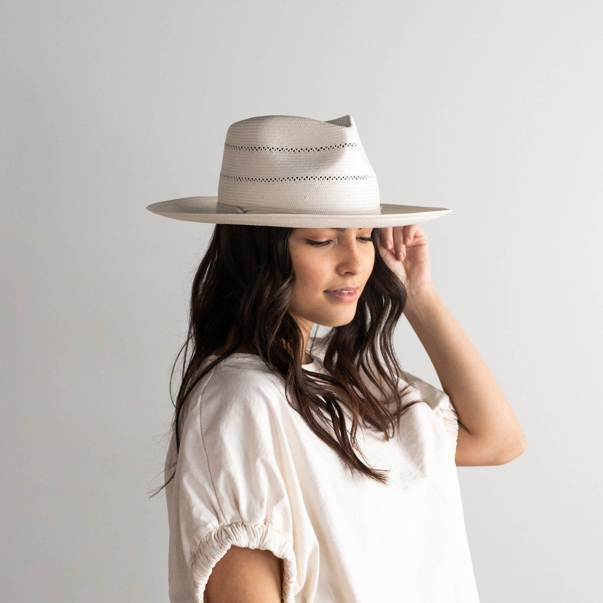  Gigi Pip straw hats for women - Arlo Straw Teardrop Fedora - teardrop crown and a stiff upturned brim, featuring handwoven venting on the crown and the brim, and a hand sewn removable leather band [cream]