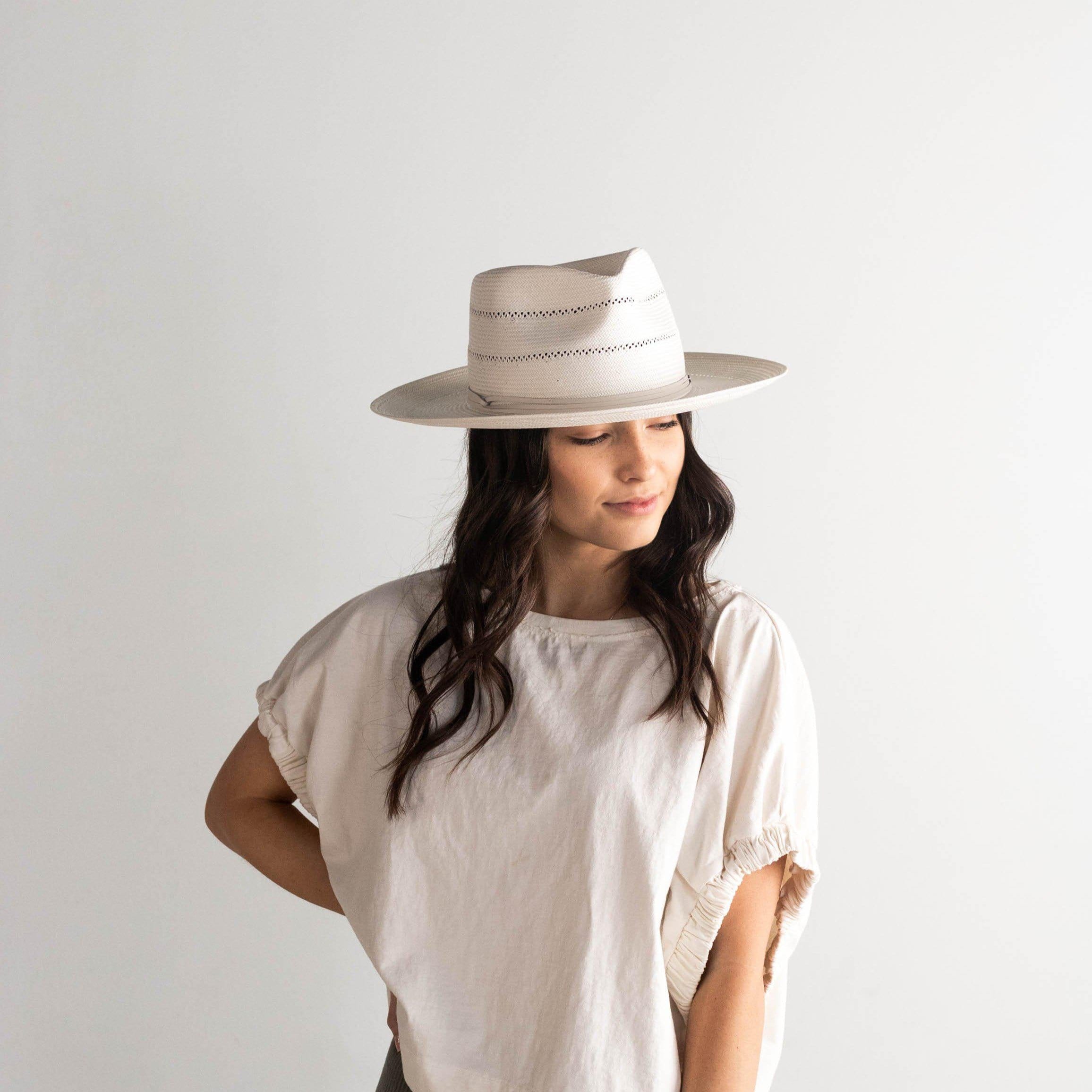  Gigi Pip straw hats for women - Arlo Straw Teardrop Fedora - teardrop crown and a stiff upturned brim, featuring handwoven venting on the crown and the brim, and a hand sewn removable leather band [cream]