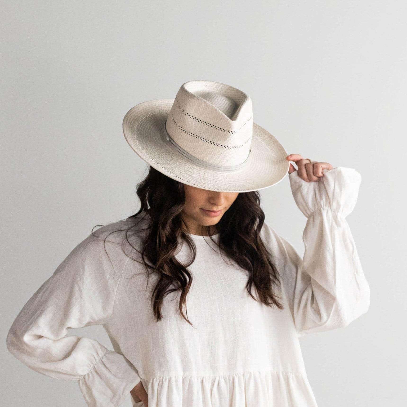 Gigi Pip straw hats for women - Arlo Straw Teardrop Fedora - teardrop crown and a stiff upturned brim, featuring handwoven venting on the crown and the brim, and a hand sewn removable leather band [grey]