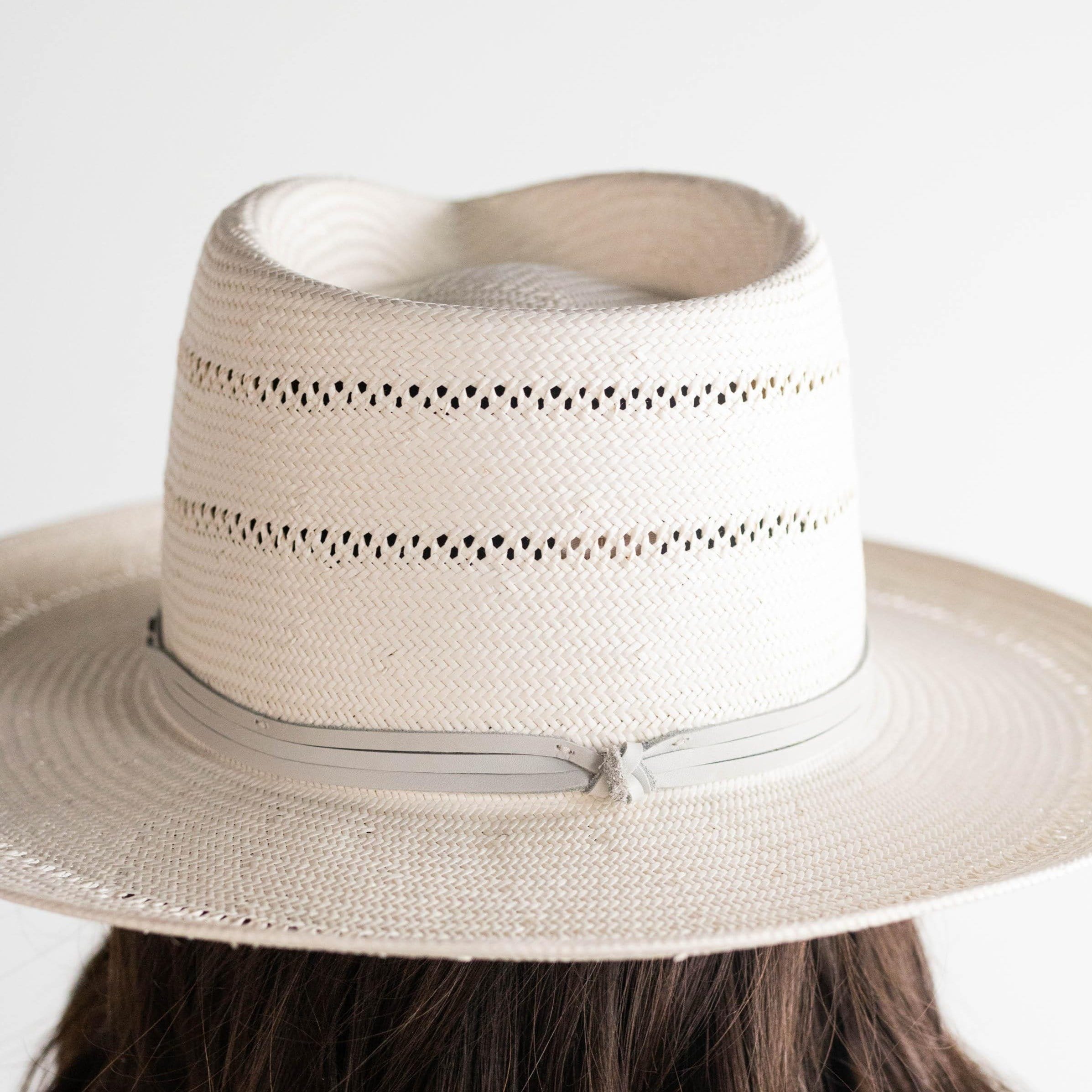 Gigi Pip straw hats for women - Arlo Straw Teardrop Fedora - teardrop crown and a stiff upturned brim, featuring handwoven venting on the crown and the brim, and a hand sewn removable leather band [grey]