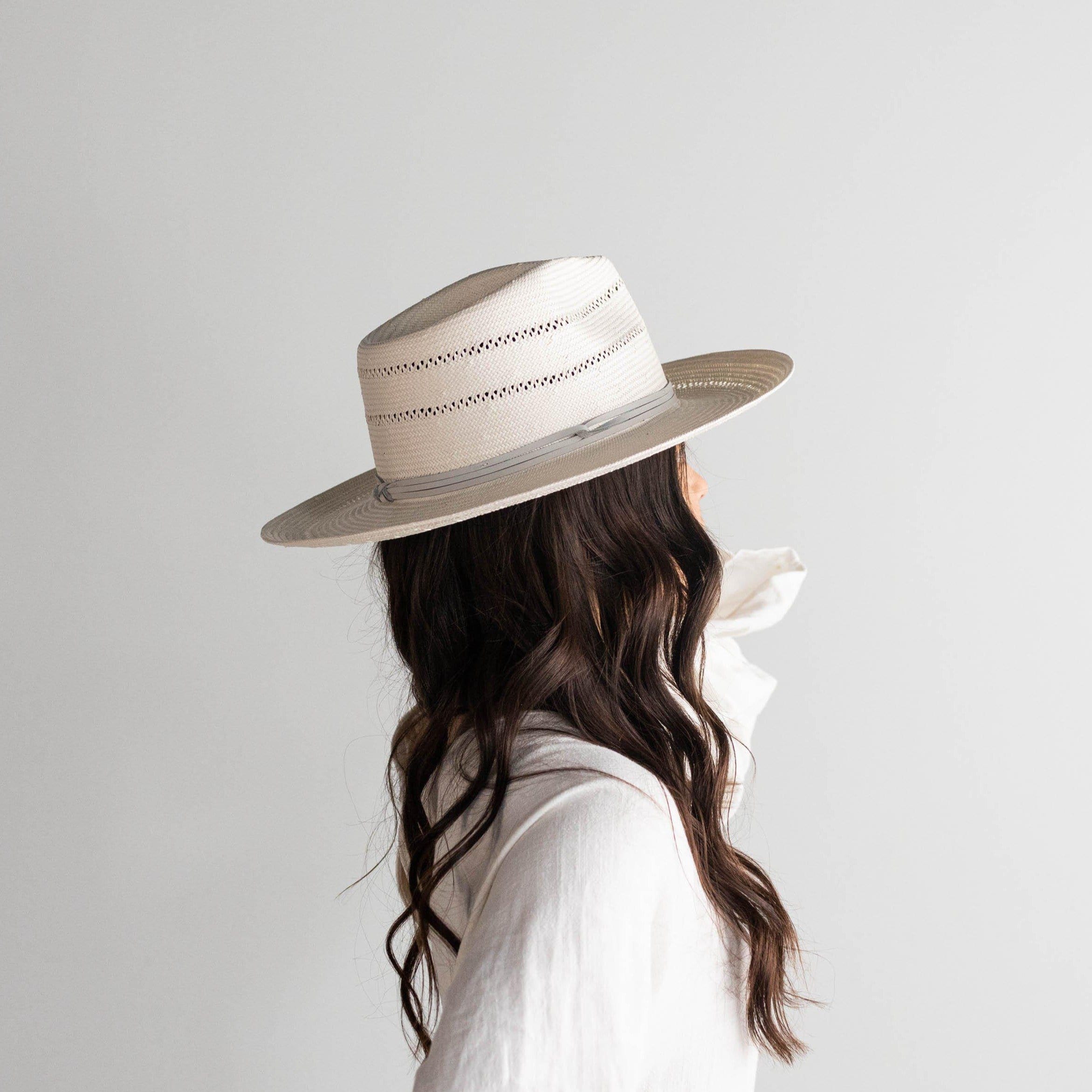 Gigi Pip straw hats for women - Arlo Straw Teardrop Fedora - teardrop crown and a stiff upturned brim, featuring handwoven venting on the crown and the brim, and a hand sewn removable leather band [grey]