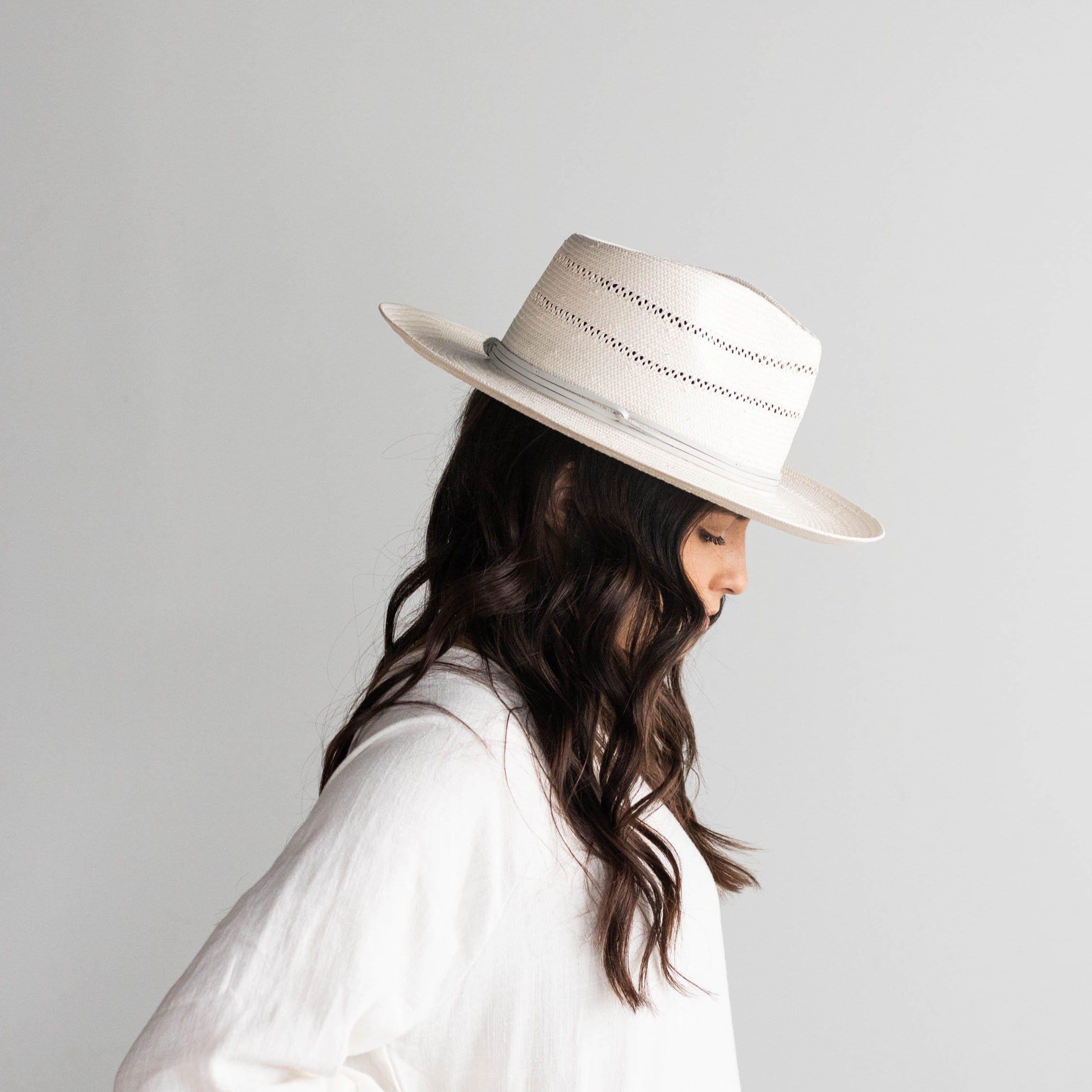 Gigi Pip straw hats for women - Arlo Straw Teardrop Fedora - teardrop crown and a stiff upturned brim, featuring handwoven venting on the crown and the brim, and a hand sewn removable leather band [grey]