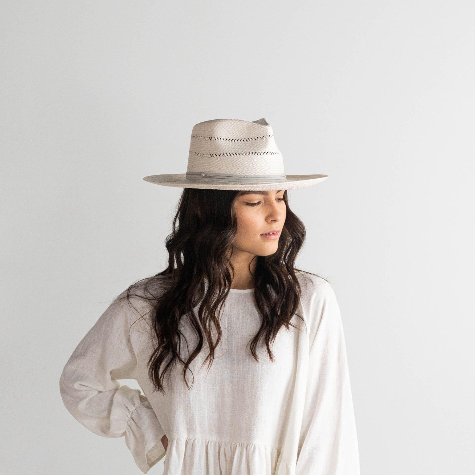 Gigi Pip straw hats for women - Arlo Straw Teardrop Fedora - teardrop crown and a stiff upturned brim, featuring handwoven venting on the crown and the brim, and a hand sewn removable leather band [grey]