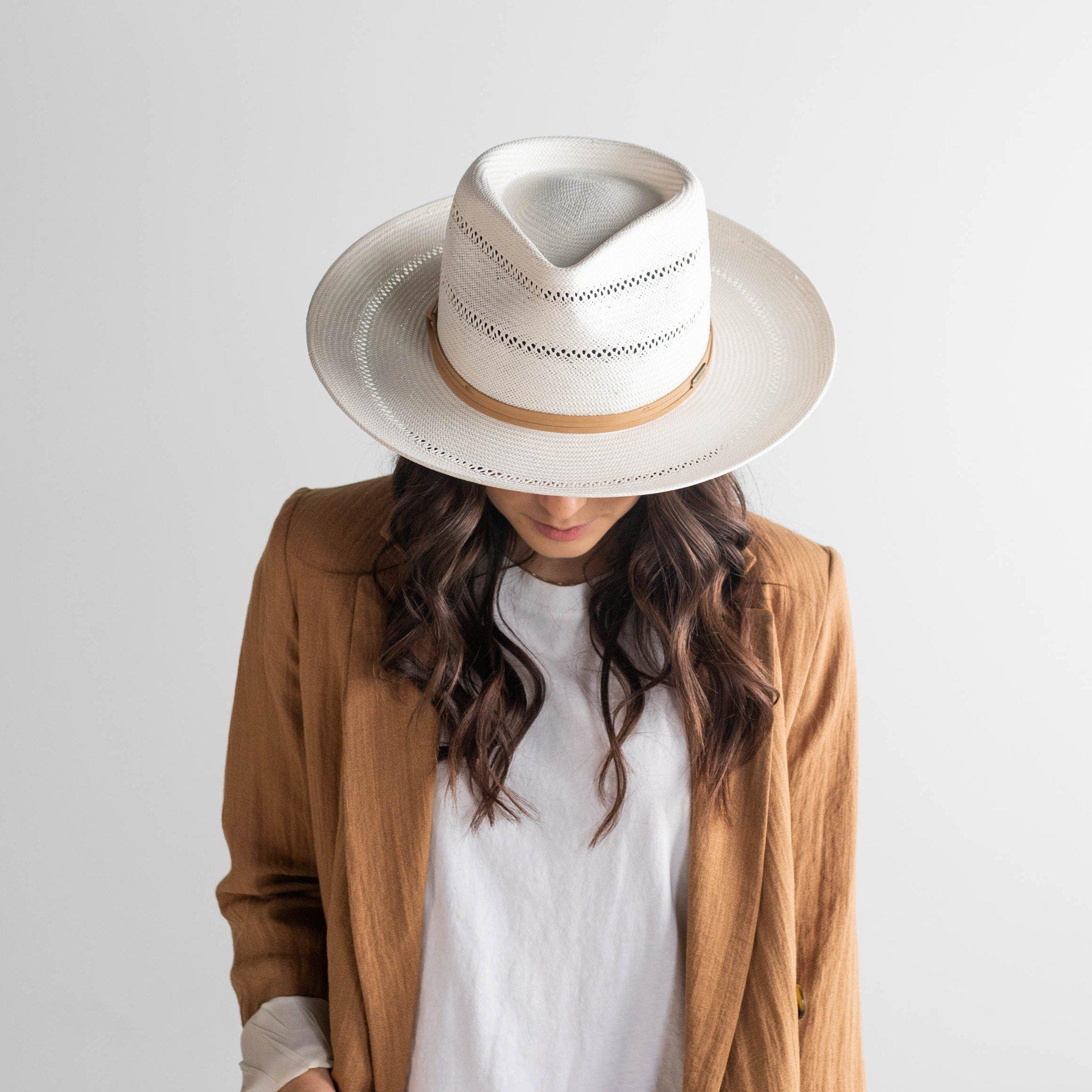 Gigi Pip straw hats for women - Arlo Straw Teardrop Fedora - teardrop crown and a stiff upturned brim, featuring handwoven venting on the crown and the brim, and a hand sewn removable leather band [tan band]