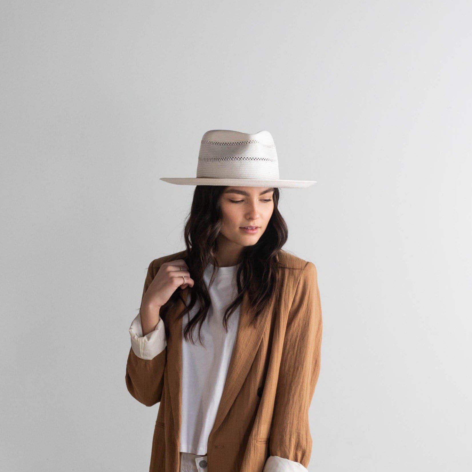 Gigi Pip straw hats for women - Arlo Straw Teardrop Fedora - teardrop crown and a stiff upturned brim, featuring handwoven venting on the crown and the brim, and a hand sewn removable leather band [tan band]