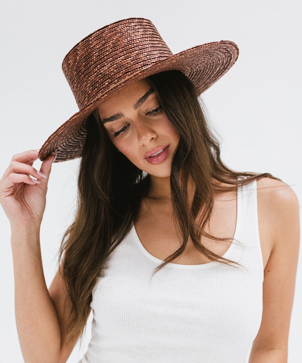 Gigi Pip straw hats for women - Capri Short - boater crown with a medium flat brim featuring a band around the crown [brown]