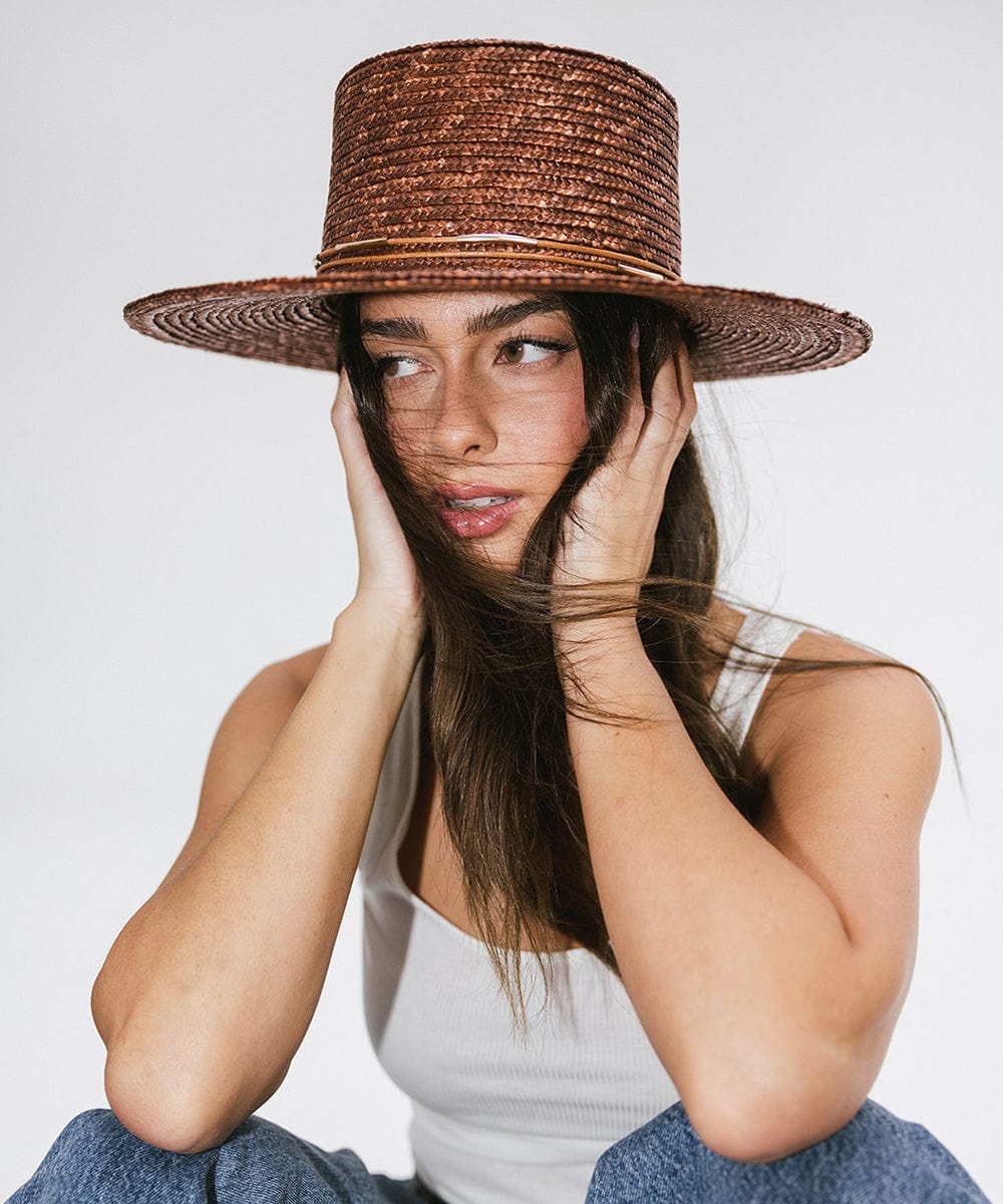 Gigi Pip straw hats for women - Capri Short - boater crown with a medium flat brim featuring a band around the crown [brown]