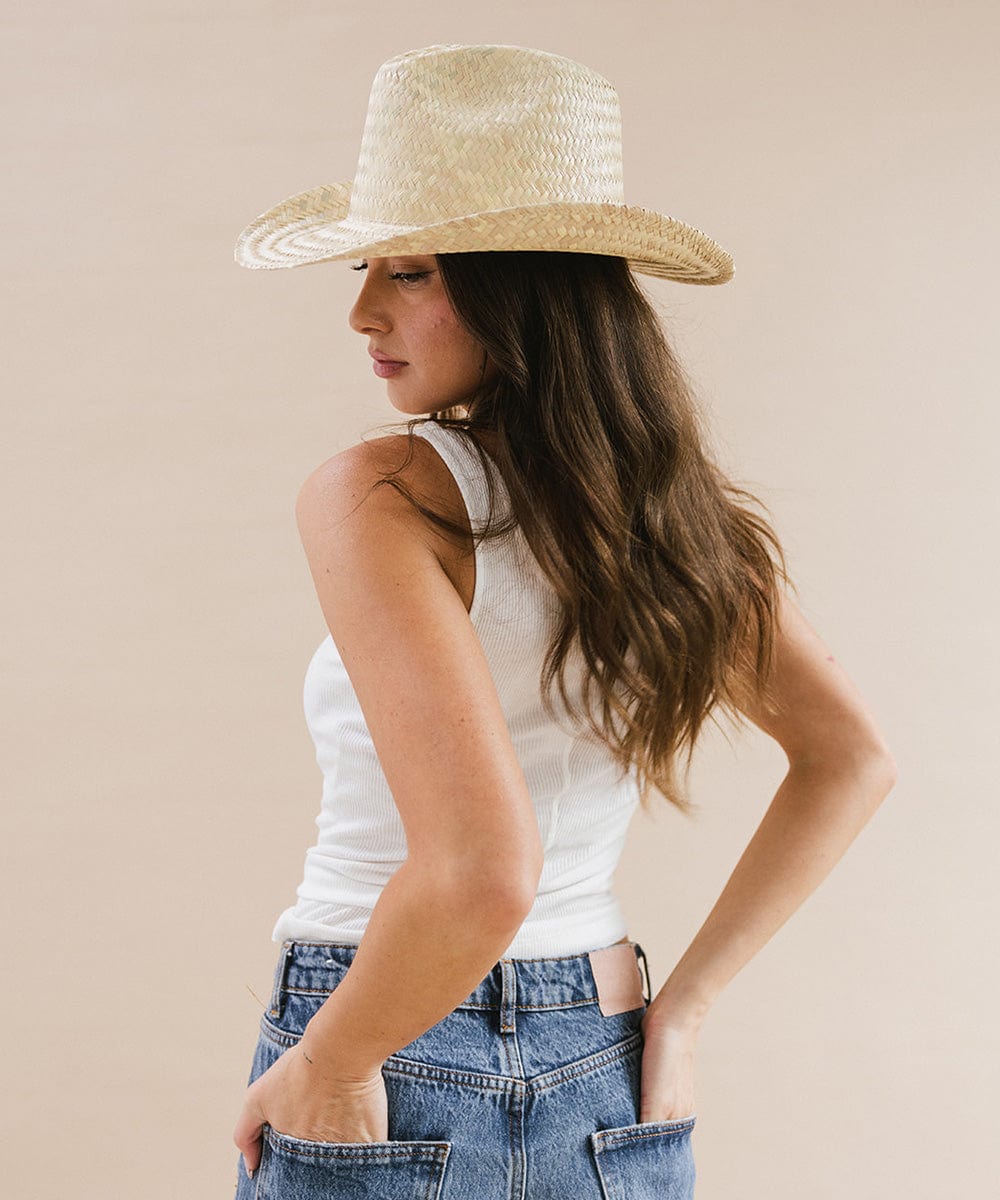 Gigi Pip straw hats for women - Codi Western - Mexican Palmilla Straw classic pinched fedora crown with a flexible wire western shaped brim, featuring a gold plated metal Gigi Pip pin on the back of the crown [natural]