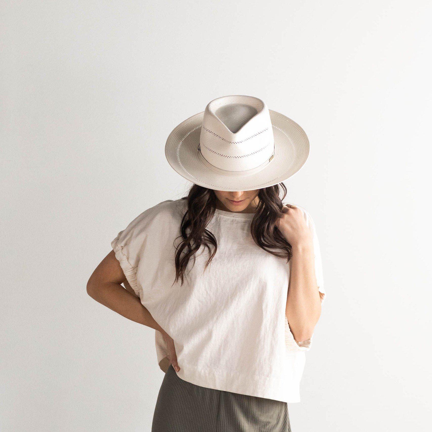  Gigi Pip straw hats for women - Arlo Straw Teardrop Fedora - teardrop crown and a stiff upturned brim, featuring handwoven venting on the crown and the brim, and a hand sewn removable leather band [cream]