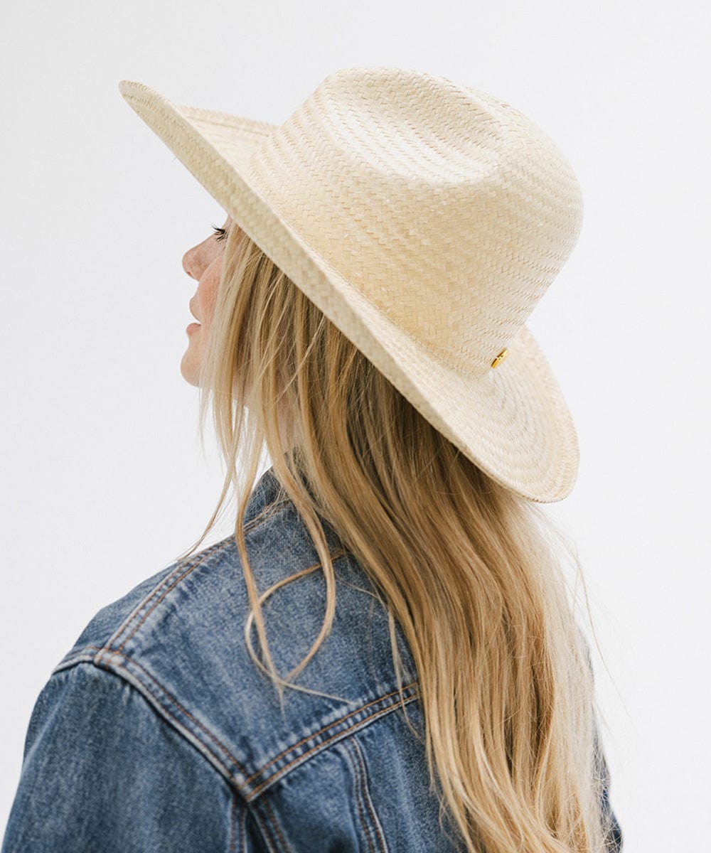 Gigi Pip straw hats for women - Linny Gus Crown -  lightweight Mexican palmilla straw Western hat with a classic Gus crown + wide curve rolled brim, featuring a gold plated metal Gigi Pip pin on the back of the crown [natural]