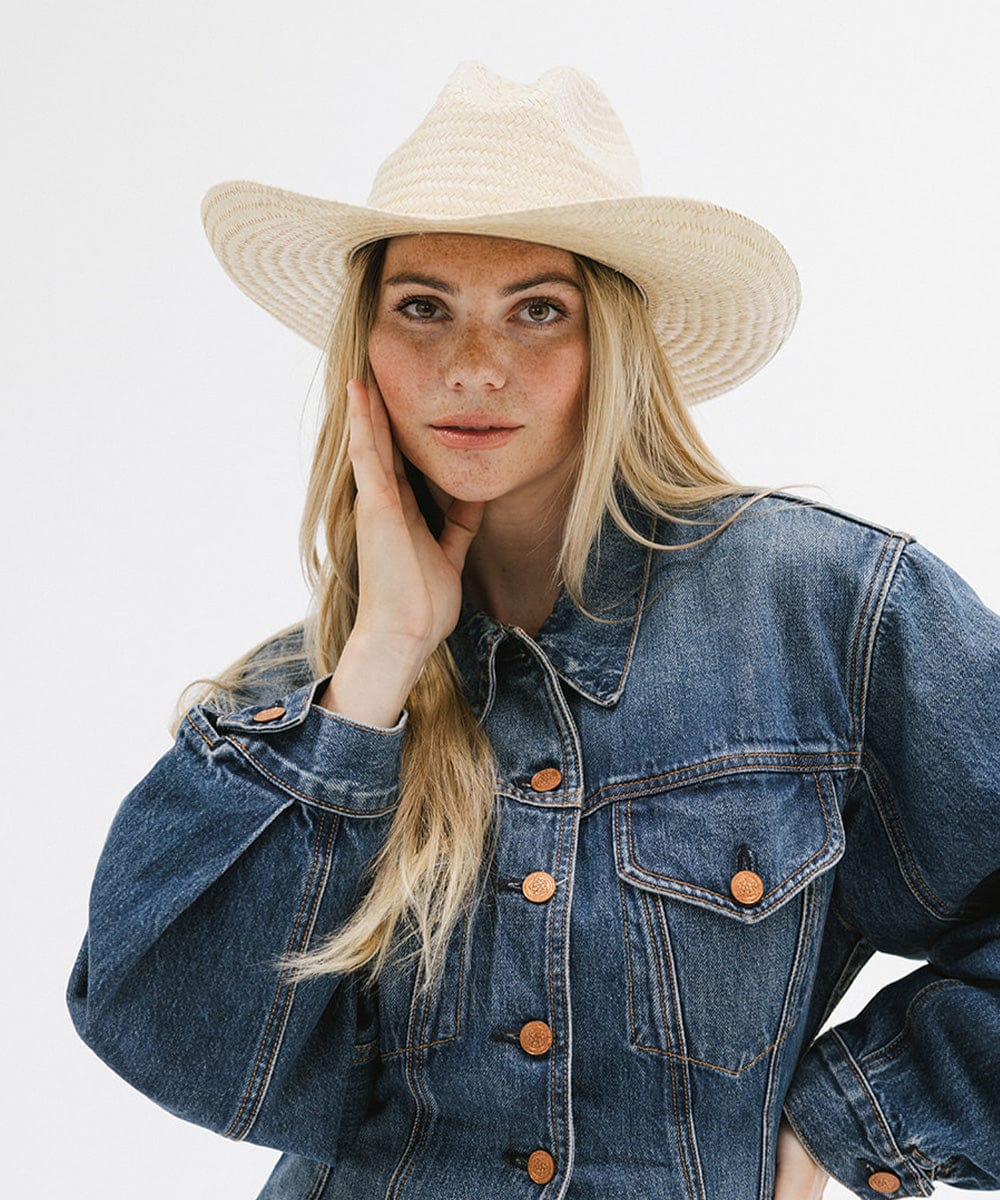 Gigi Pip straw hats for women - Linny Gus Crown -  lightweight Mexican palmilla straw Western hat with a classic Gus crown + wide curve rolled brim, featuring a gold plated metal Gigi Pip pin on the back of the crown [natural]