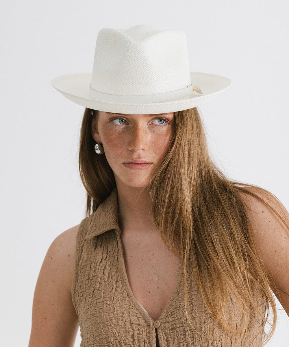 Gigi Pip panama straw for women - Lupe Short Brim Fedora White - a classic fedora crown with a short upturned brim, featuring a genuine leather band with Gigi Pip embossed [white]