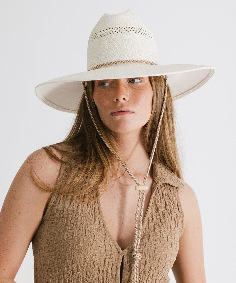 Gigi Pip straw hats for women - Opal Lifeguard Hat - paper straw + canvas wide brim lifeguard hat feautring woven venting on the crown + an adjustable chinstrap [cream]