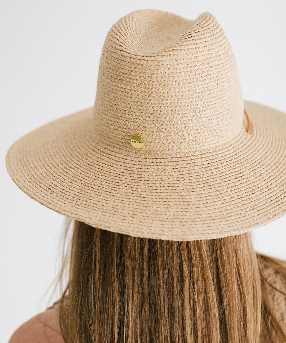 Gigi Pip straw hats for women - Ozzy Lifegaurd Hat - made of a tight weave raffia straw with a relaxed a-line brim, hand-painted leather chinstrap [natural]