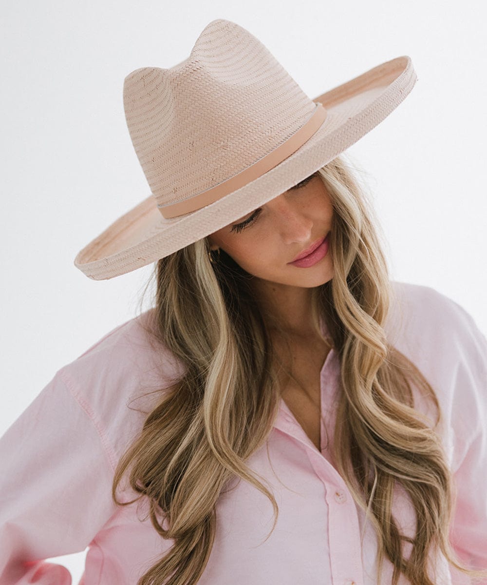 Gigi Pip limited edition straw hats for women - Pink Penny Pencil Brim Straw - 100% Paper straw fedora sun hat with a pencil roll brim in a limited edition pink colorway, featuring a tonal genuine leather hat band [limited-edition-light-pink]