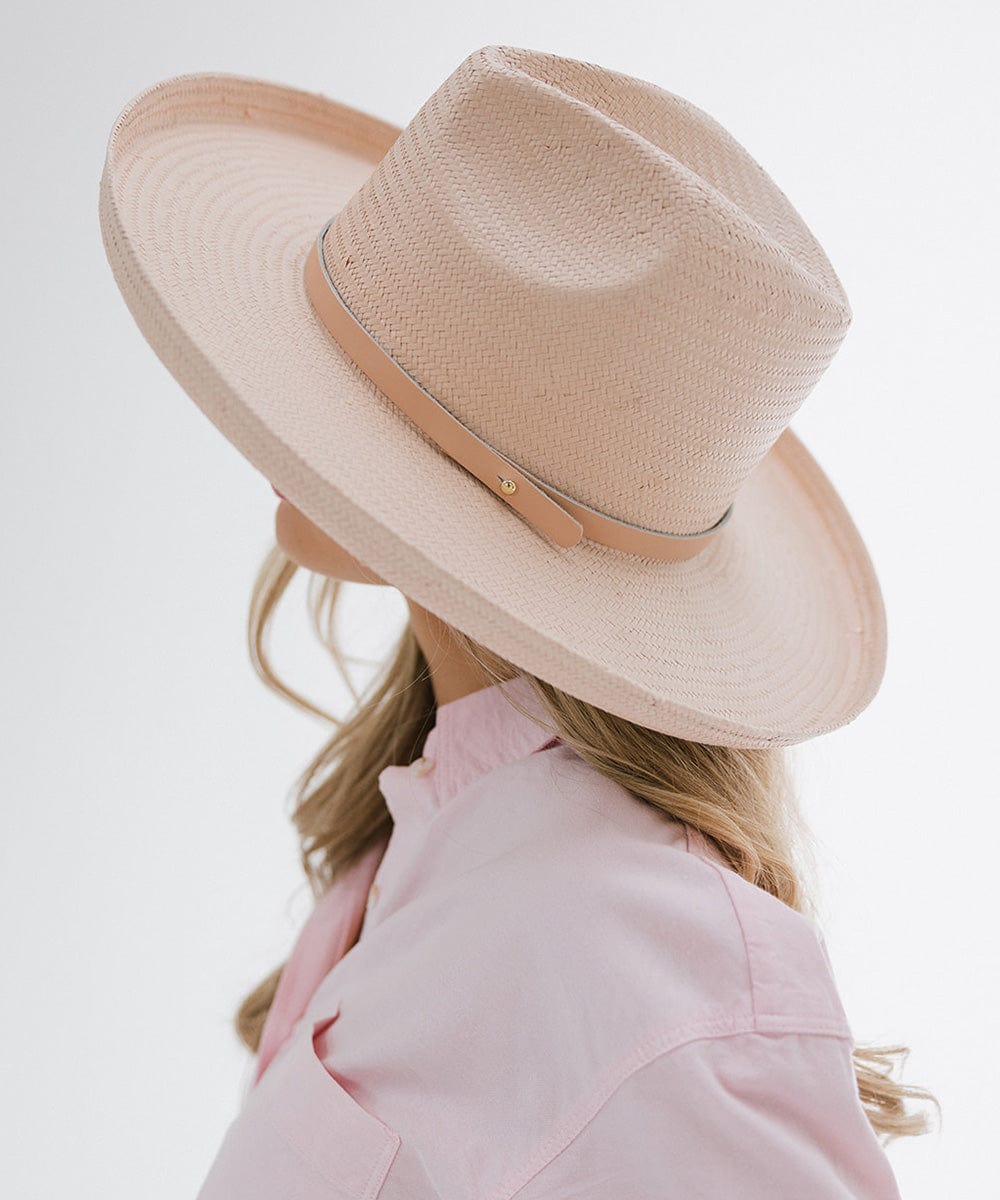 Gigi Pip limited edition straw hats for women - Pink Penny Pencil Brim Straw - 100% Paper straw fedora sun hat with a pencil roll brim in a limited edition pink colorway, featuring a tonal genuine leather hat band [limited-edition-light-pink]