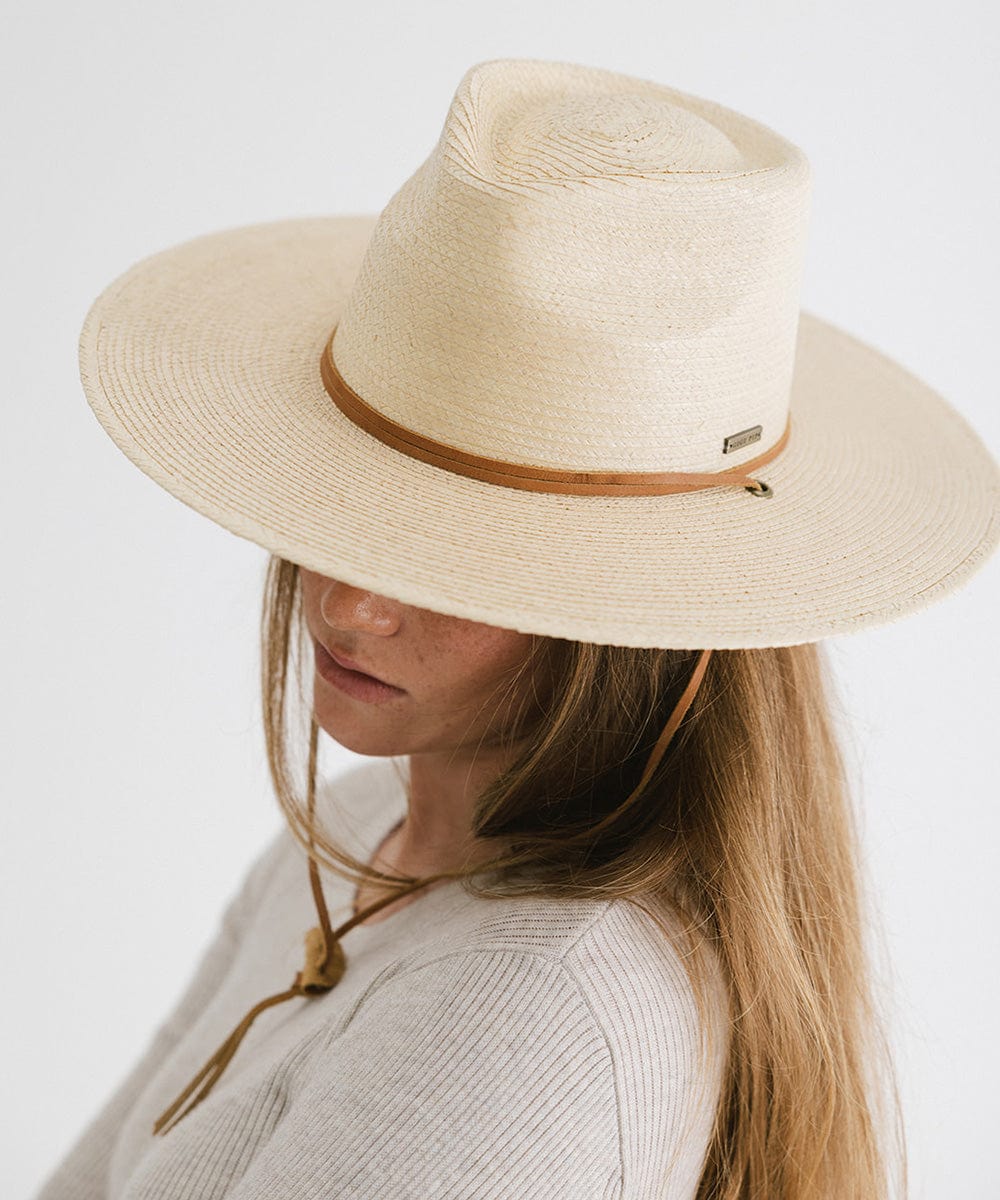 Gigi Pip straw hats for women - River Guatemalan Palm - teardrop lifeguard fedora crown featuring a flat brim trimmed with a leather chinstrap + leather slider [ivory]