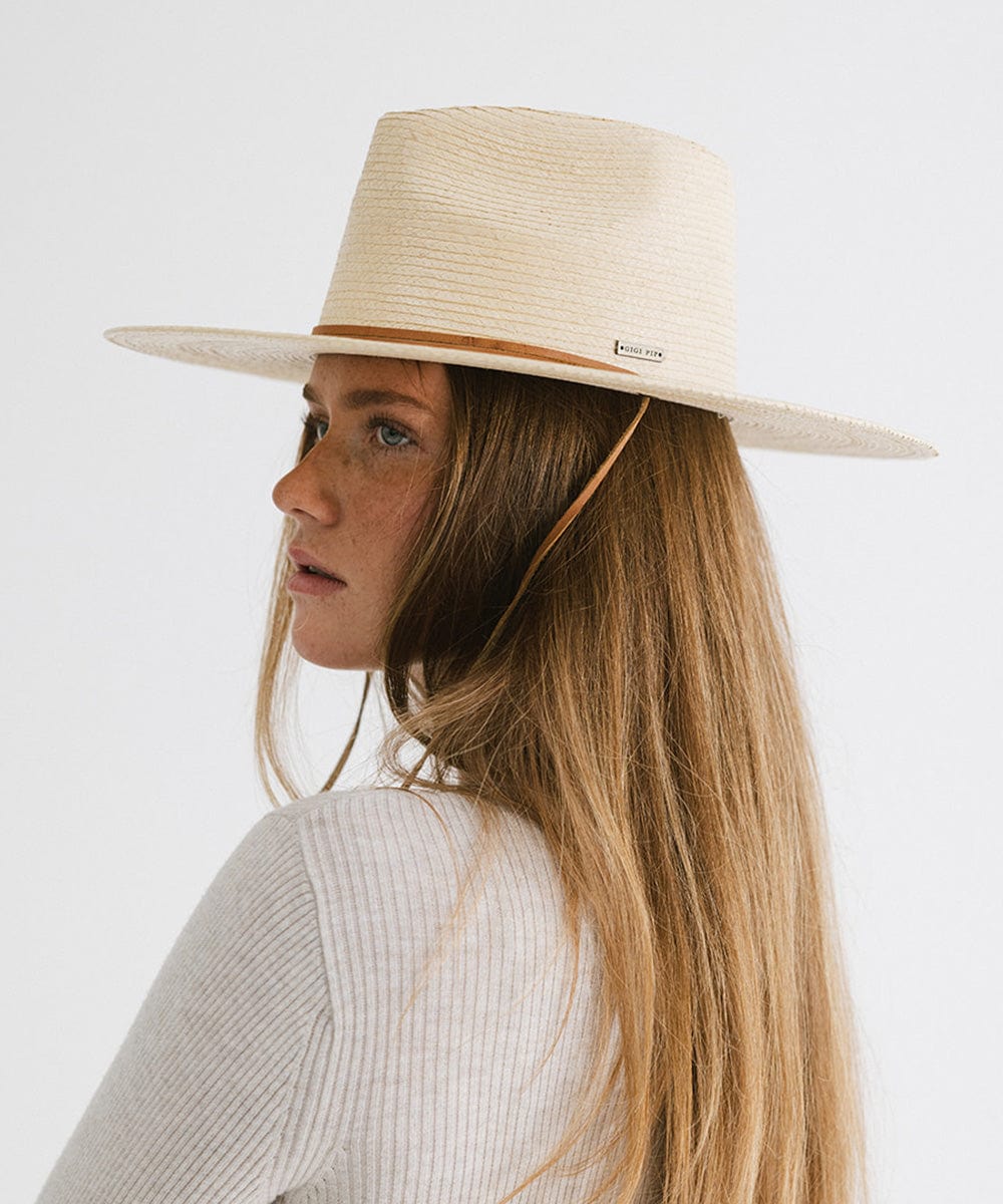 Gigi Pip straw hats for women - River Guatemalan Palm - teardrop lifeguard fedora crown featuring a flat brim trimmed with a leather chinstrap + leather slider [ivory]