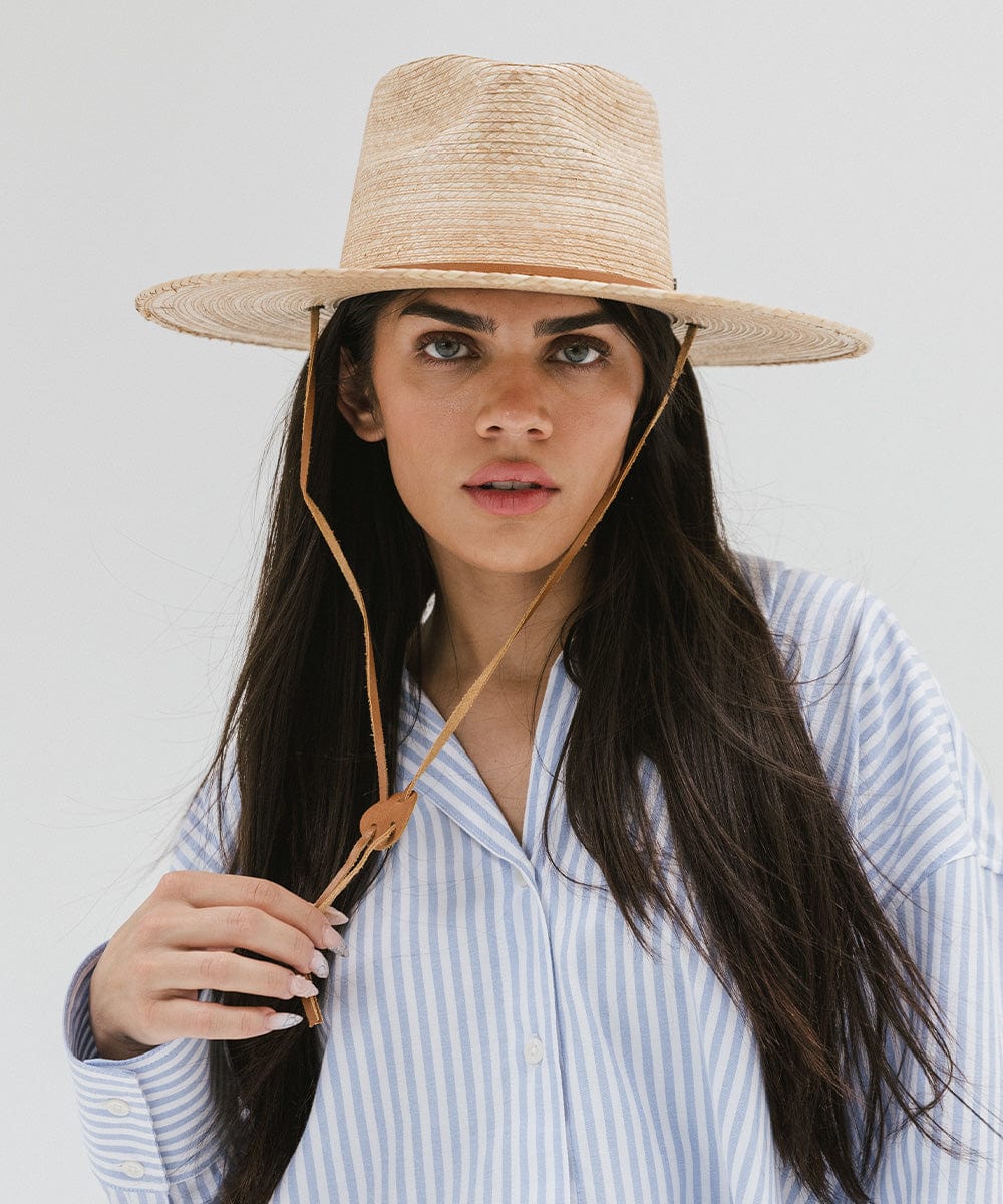 Gigi Pip straw hats for women - River Guatemalan Palm - teardrop lifeguard fedora crown featuring a flat brim trimmed with a leather chinstrap + leather slider [oak]