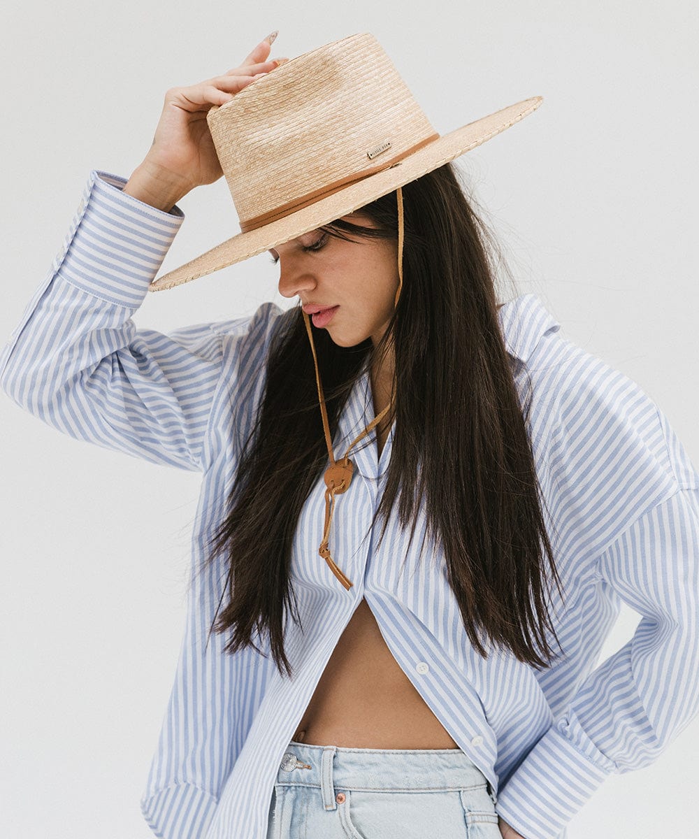 Gigi Pip straw hats for women - River Guatemalan Palm - teardrop lifeguard fedora crown featuring a flat brim trimmed with a leather chinstrap + leather slider [oak]