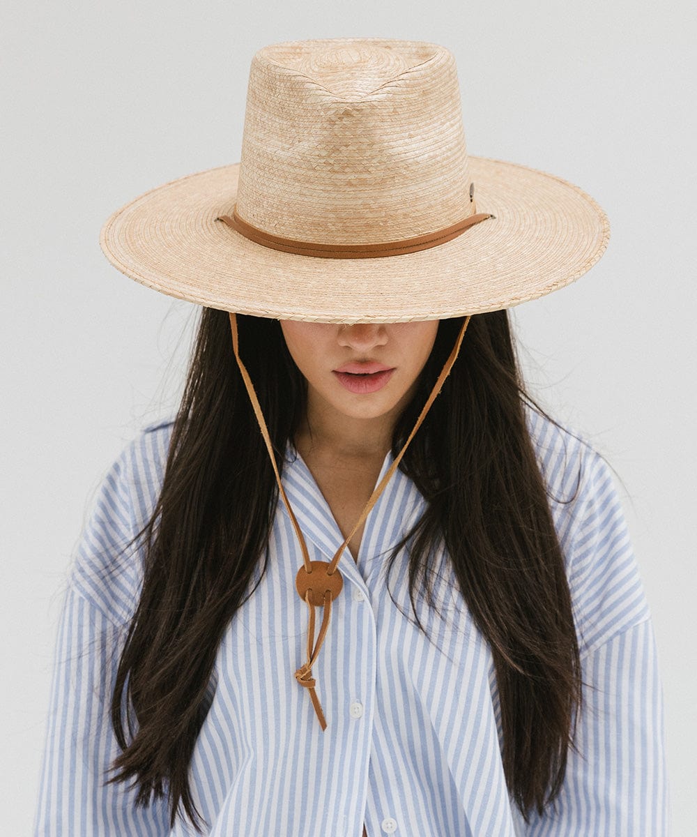 Gigi Pip straw hats for women - River Guatemalan Palm - teardrop lifeguard fedora crown featuring a flat brim trimmed with a leather chinstrap + leather slider [oak]