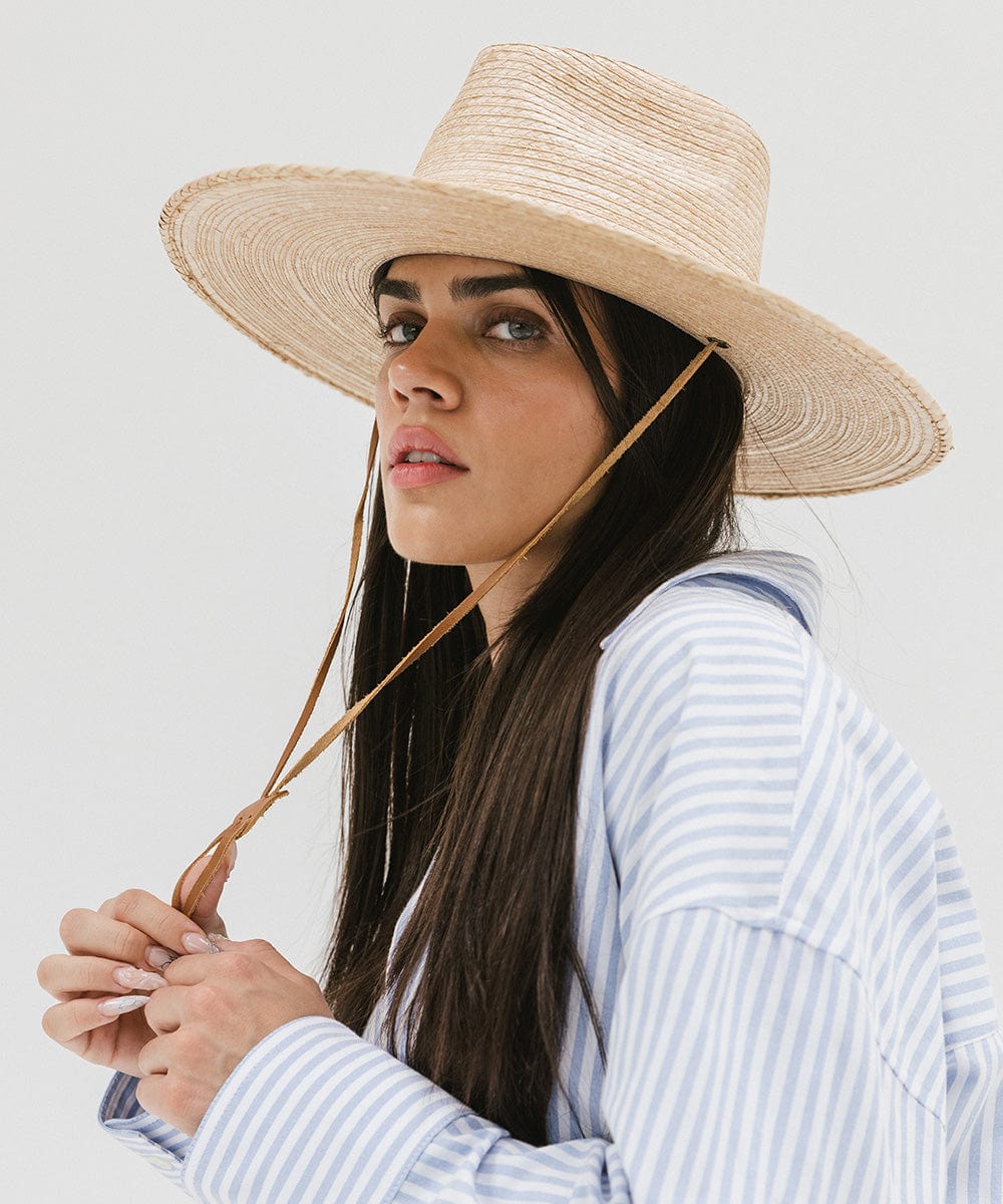 Gigi Pip straw hats for women - River Guatemalan Palm - teardrop lifeguard fedora crown featuring a flat brim trimmed with a leather chinstrap + leather slider [oak]