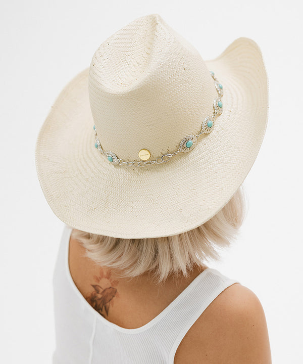 Gigi Pip hat bands + trims for women - Turquoise Concho Band - fine metal + turquoise stone concho hat band featuring an adjustable chain closure for a customized fit [silver]