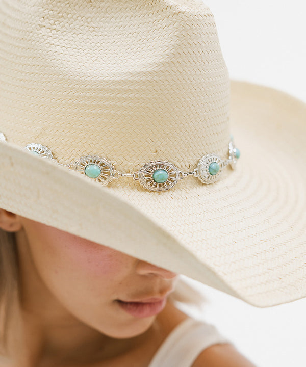 Gigi Pip hat bands + trims for women - Turquoise Concho Band - fine metal + turquoise stone concho hat band featuring an adjustable chain closure for a customized fit [silver]