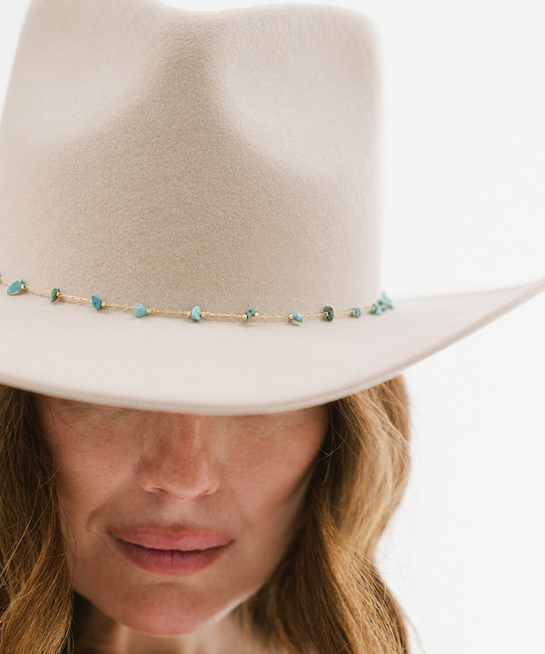 Gigi Pip hat bands + trims for women - Turquoise Stone Band - fine metal + turquoise stone hat band featuring an adjustable chain closure for a customized fit [gold]