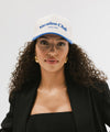 Gigi Pip trucker hats for women - Vacation Club Canvas Trucker Hat - 100% cotton canvas w/ cotton sweatband + reinforced from inner panel with 100% plolyester mesh trucker with Vacation Club embroidered on the front panel featuring an adjustable back strap [cream-blue]