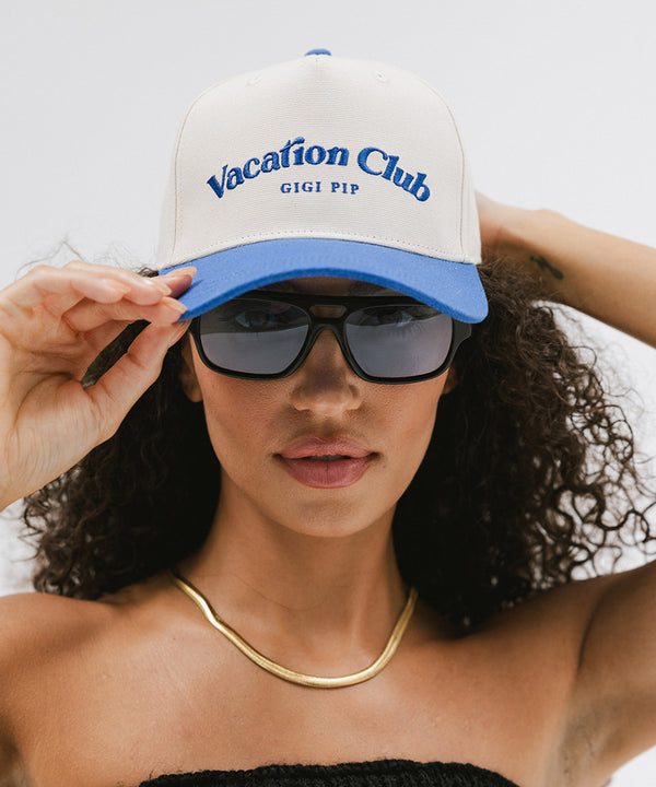 Gigi Pip trucker hats for women - Vacation Club Canvas Trucker Hat - 100% cotton canvas w/ cotton sweatband + reinforced from inner panel with 100% plolyester mesh trucker with Vacation Club embroidered on the front panel featuring an adjustable back strap [cream-blue]