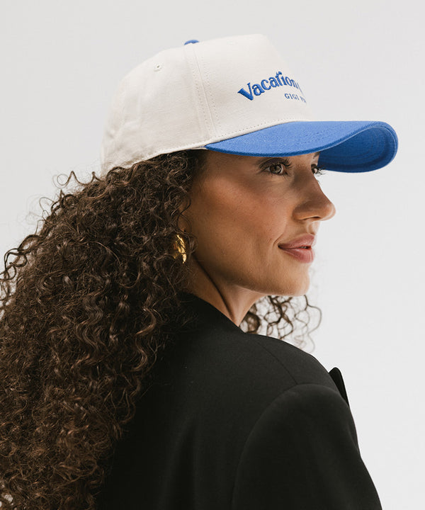 Gigi Pip trucker hats for women - Vacation Club Canvas Trucker Hat - 100% cotton canvas w/ cotton sweatband + reinforced from inner panel with 100% plolyester mesh trucker with Vacation Club embroidered on the front panel featuring an adjustable back strap [cream-blue]